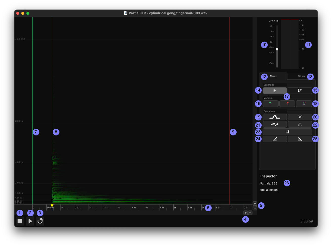 Tools tab, transport bar, and canvas markers detail