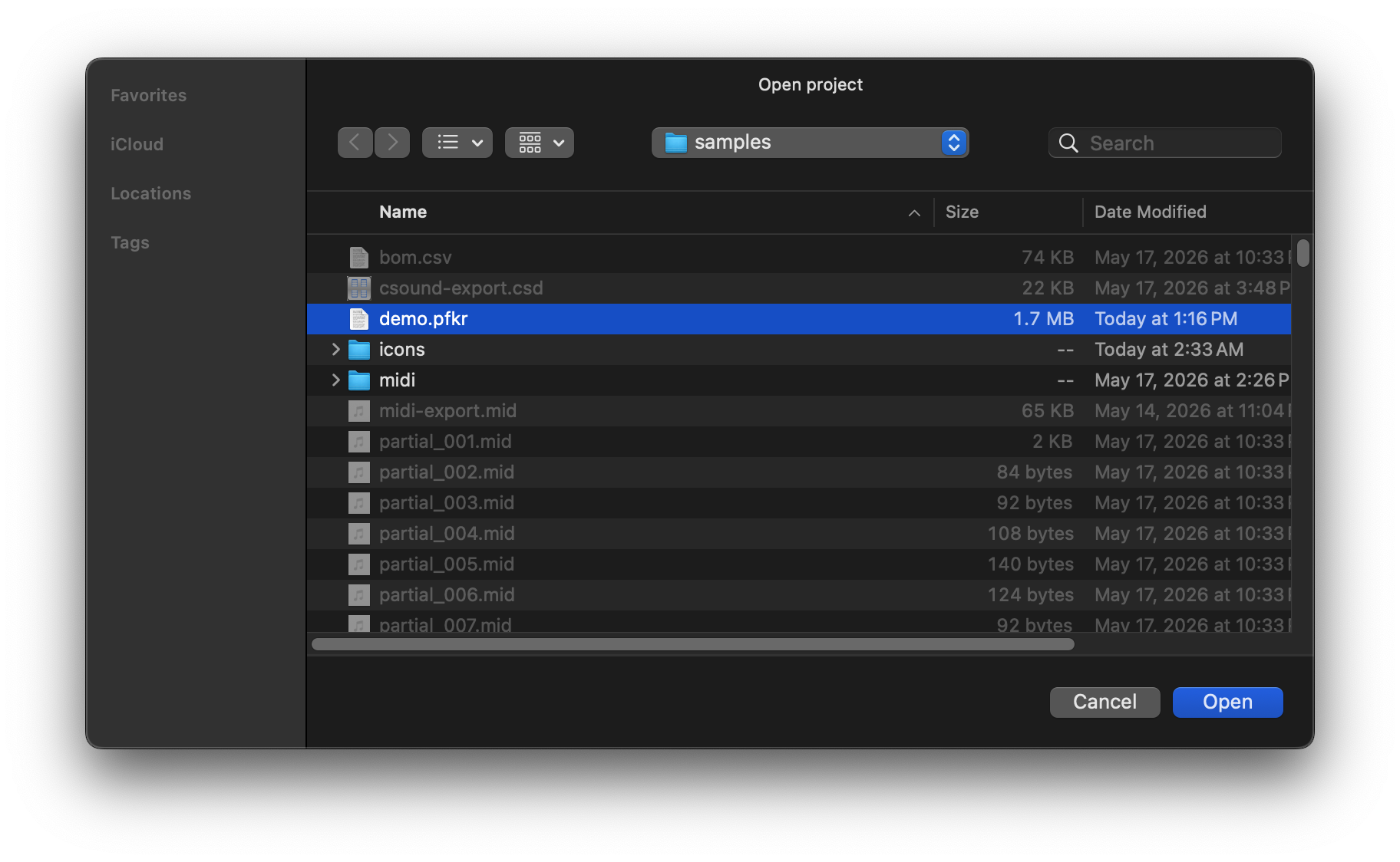 Open Project file picker