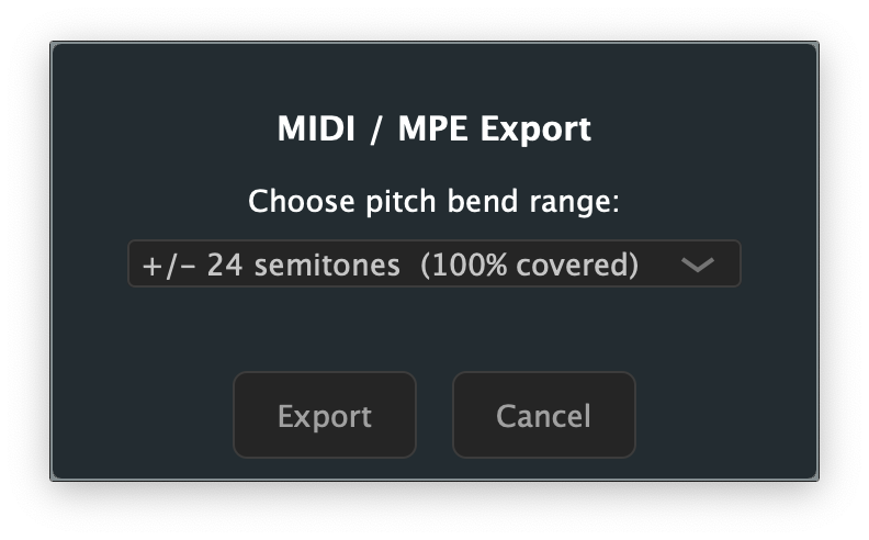 MIDI/MPE export dialog showing bend range options
