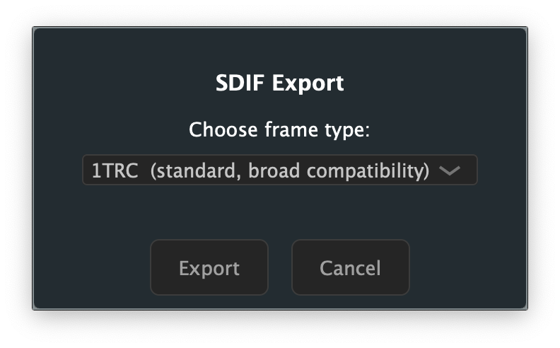 SDIF export dialog showing frame type options