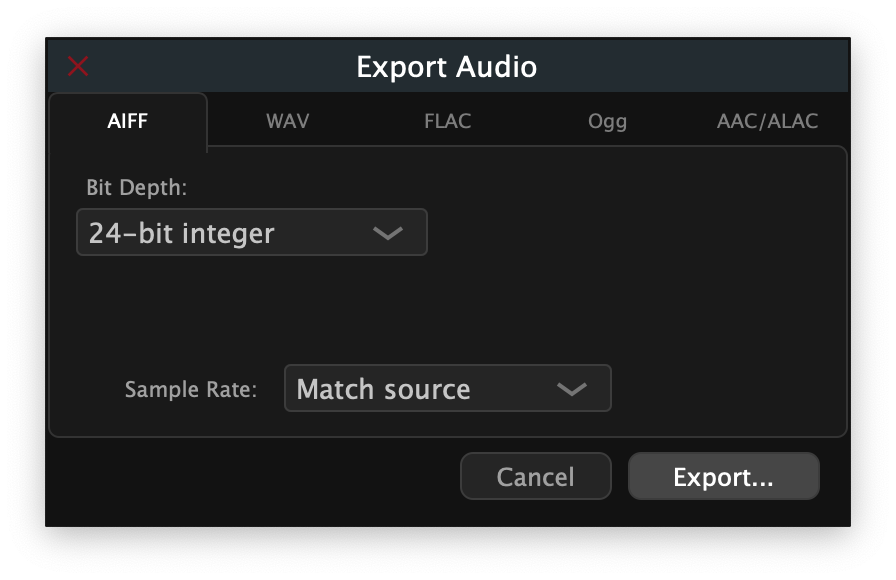 Export Audio dialog, AIFF tab (default)