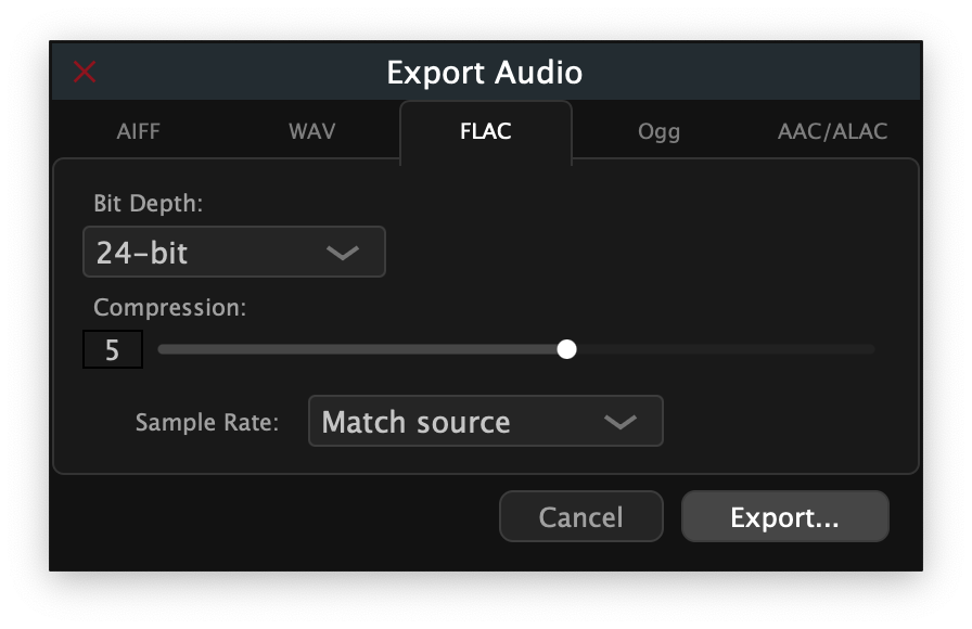 FLAC tab showing bit depth and compression options