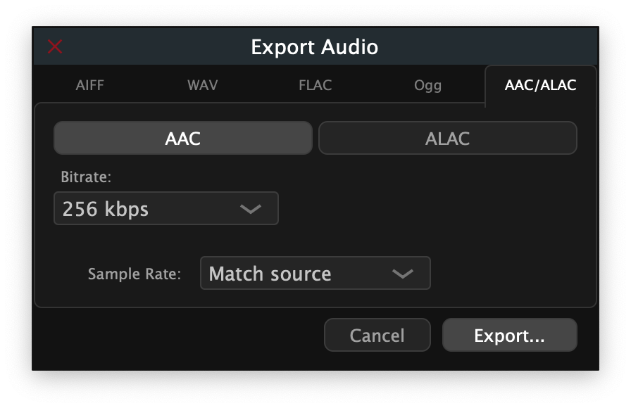 AAC/ALAC tab (macOS only) showing codec toggle and bitrate options